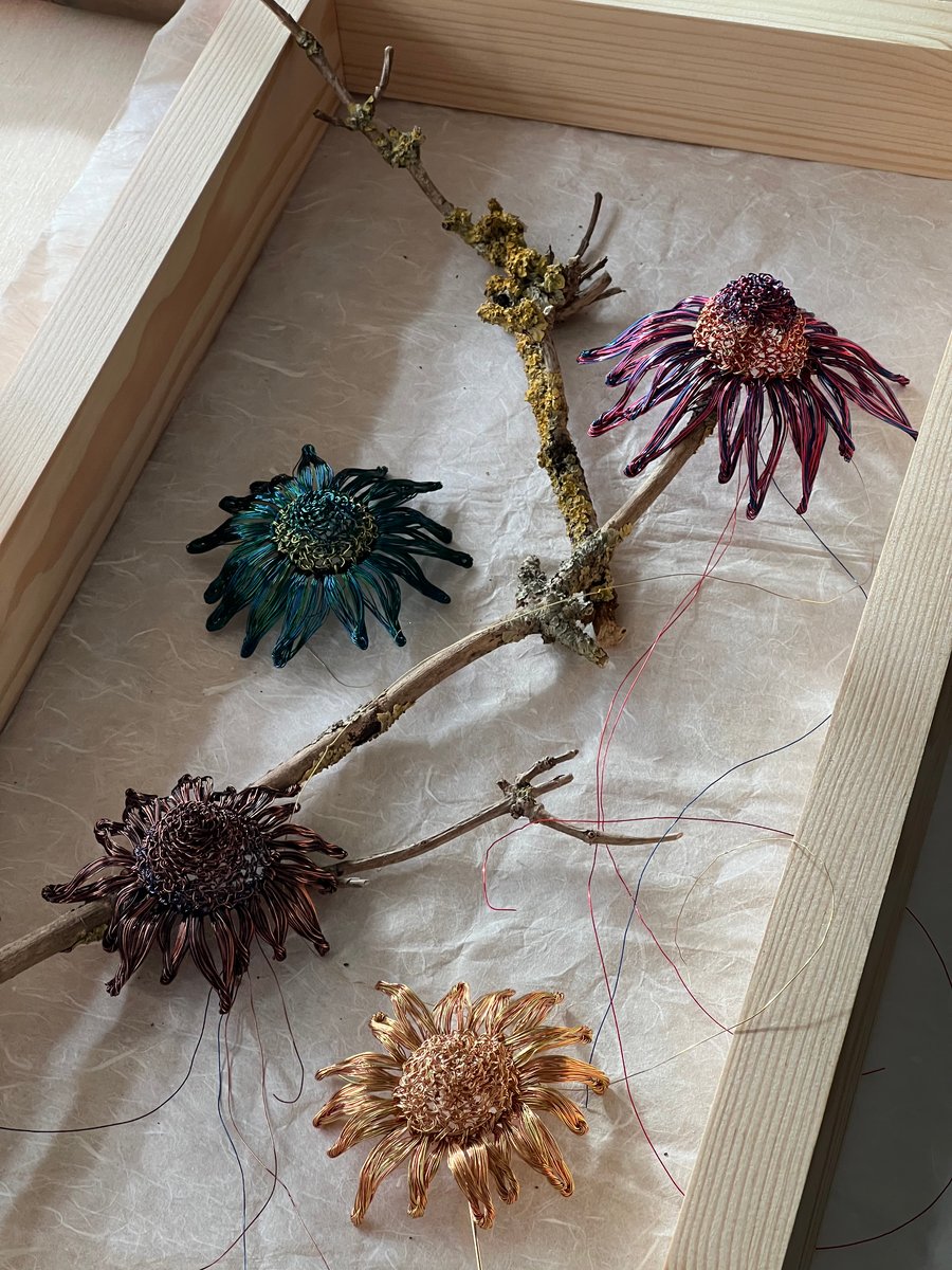 Unique sunflower shaped Brooch copperwire 