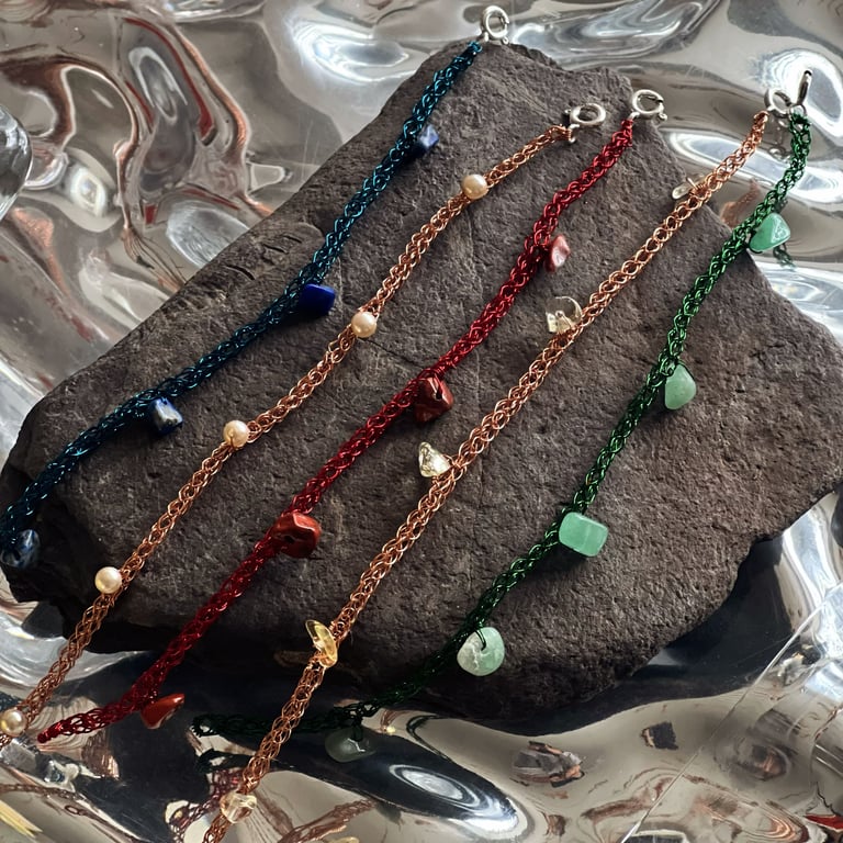 copper wire chain bracelet natural gemstones pearls
