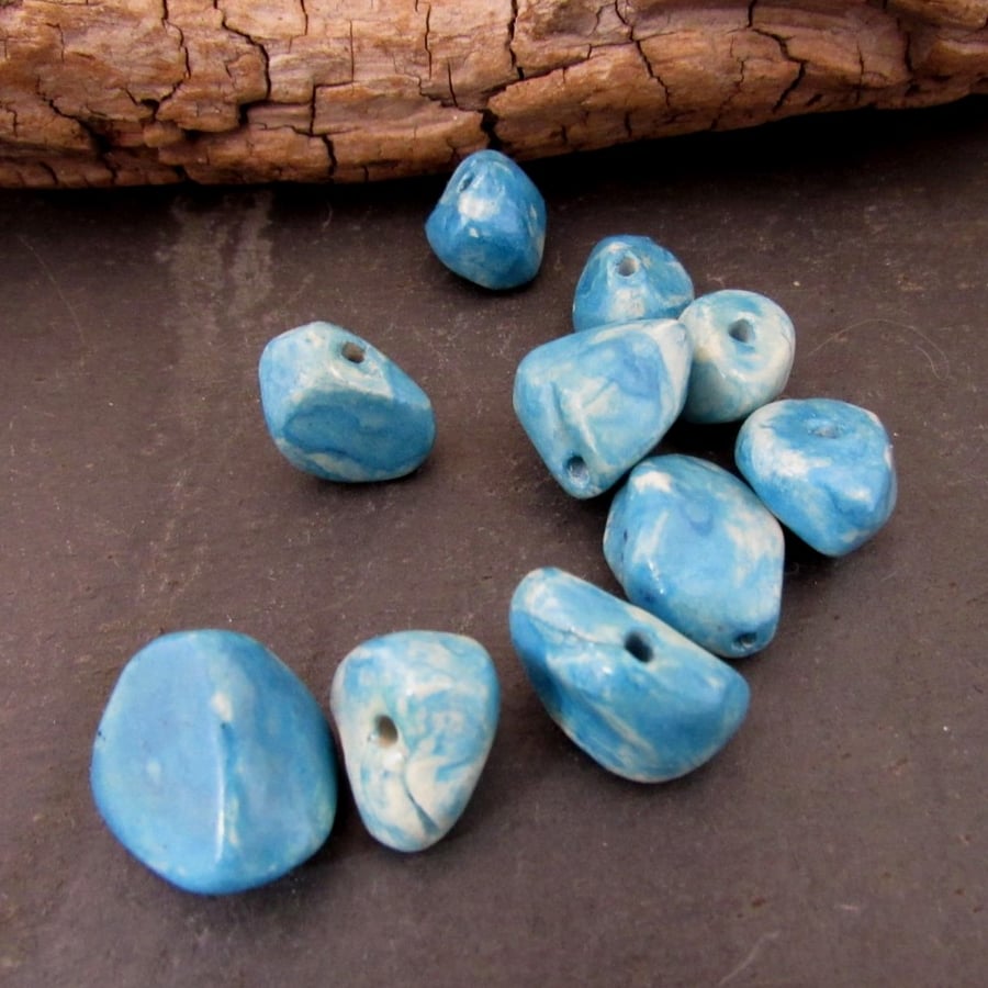 10 Small Bright Blue Glazed Nugget Pebble Clay Beads