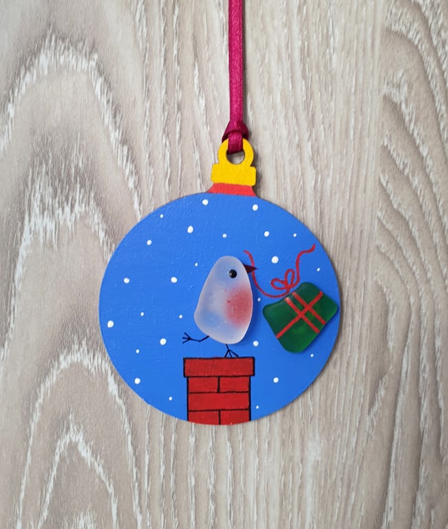 Sea glass robin on chimney