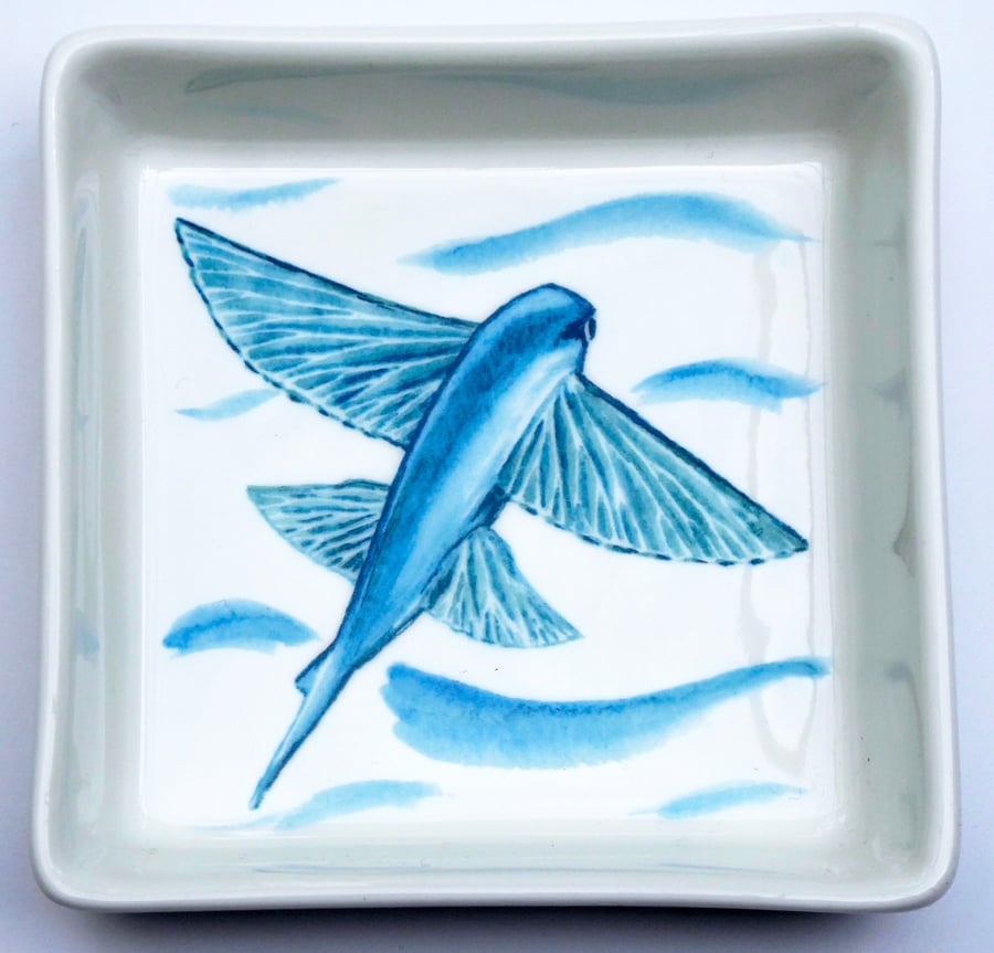 Flying Fish Design Ceramic Dish, 10 x 10cm, Many Uses