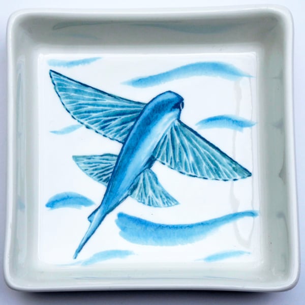 Flying Fish Design Ceramic Dish, 10 x 10cm, Many Uses