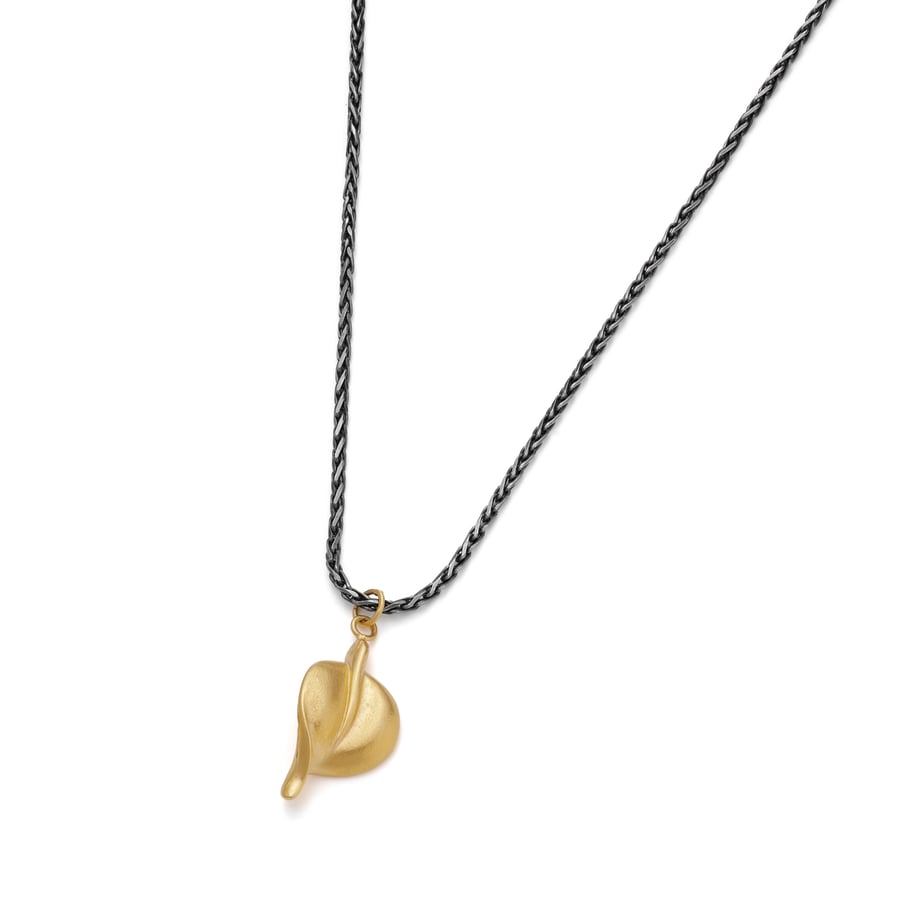 Ramona by Fedha - vermeil leaf pendant casting on oxidised spiga chain