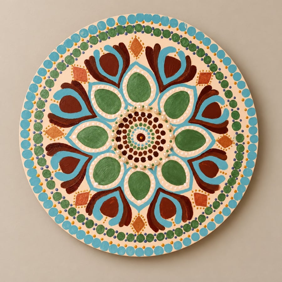 Hand Painted Wooden Mandala Art - Earth & Sky - Beaded Round Artwork