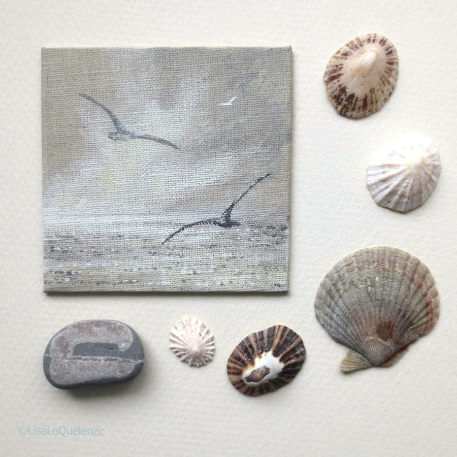 Soaring gulls over the ocean miniature acrylic painting linen on board