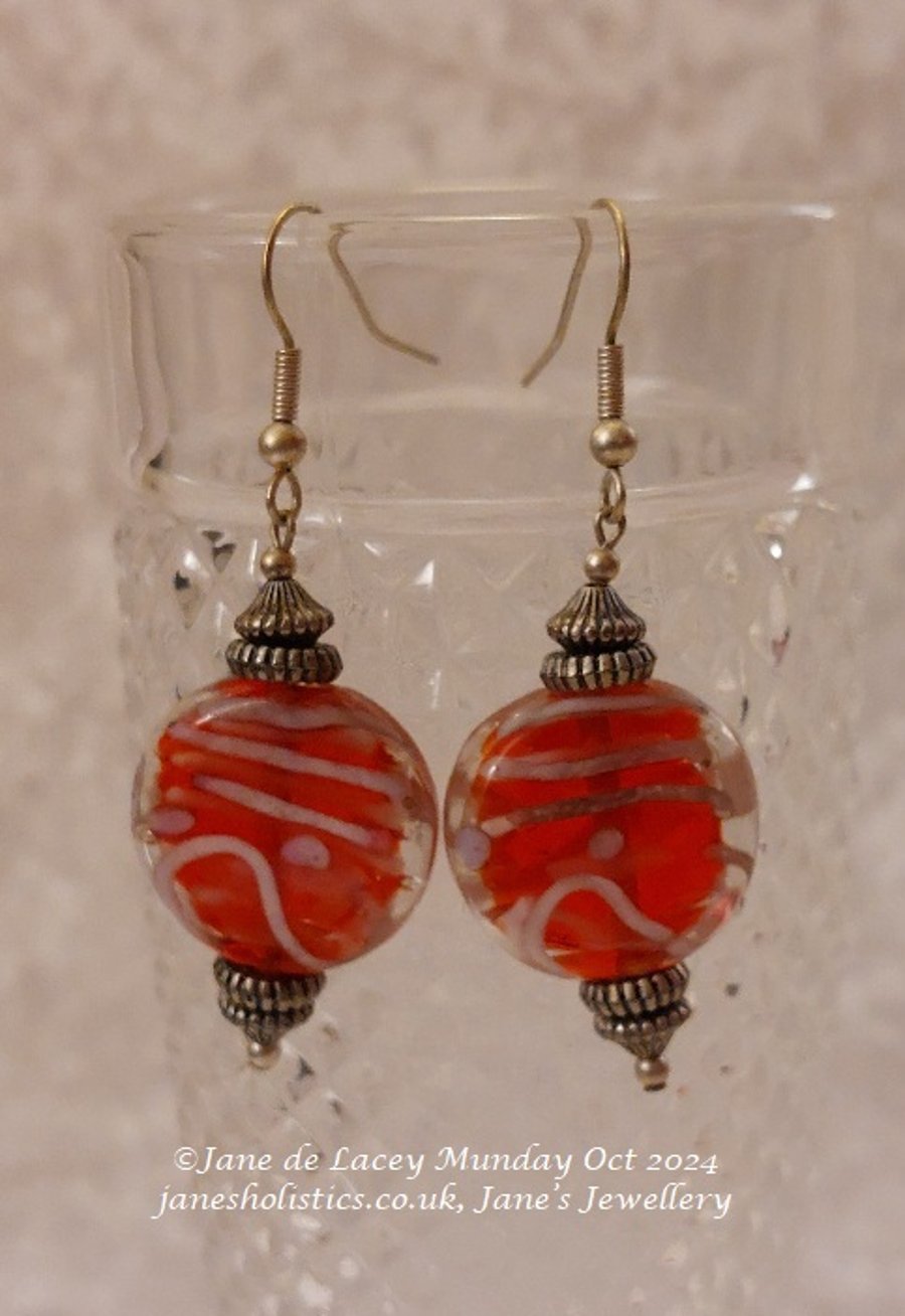 Red and silver lampwork Drop Earrings