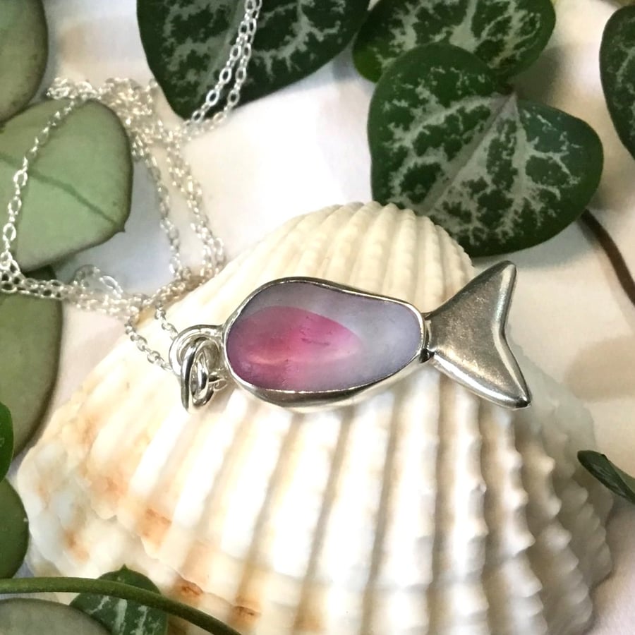 Handcrafted Sterling Silver Seaham Multi Sea Glass Pink Fish Pendant Necklace