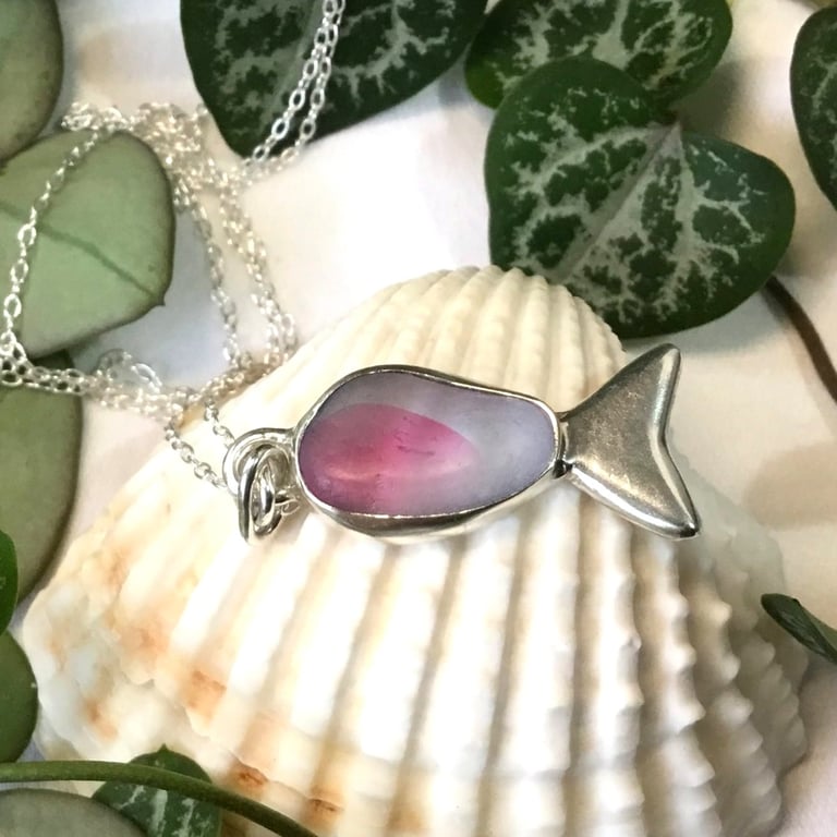Handcrafted Sterling Silver Seaham Multi Sea Glass Pink Fish Pendant Necklace