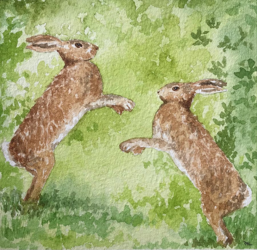 March hares on a Spring morning original watercolour