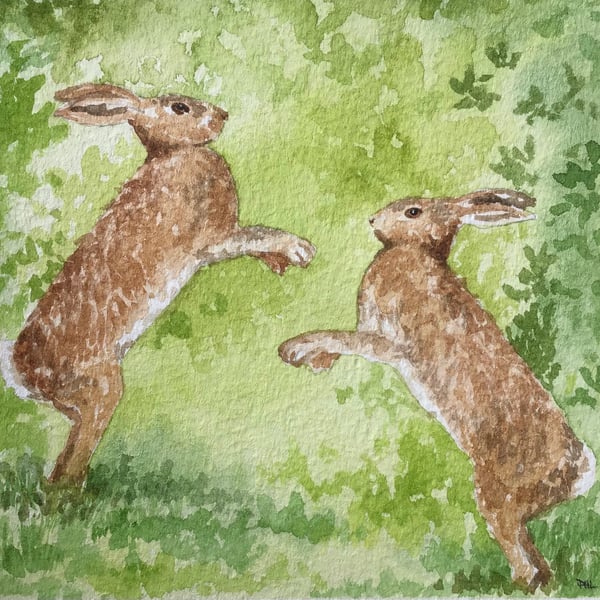 March hares on a Spring morning original watercolour