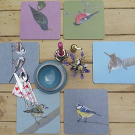 Placemats, Set of 6 Garden bird table mats collection, melamine, cork-backed 