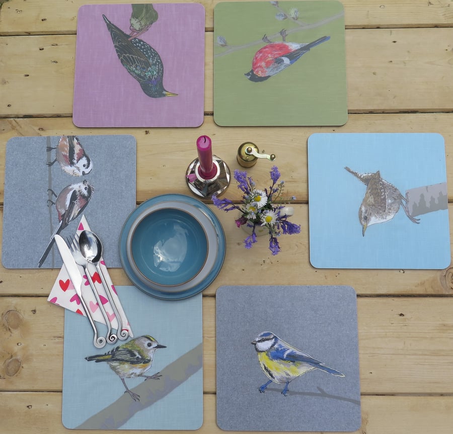 Placemats, Set of 6 Garden bird table mats collection, melamine, cork-backed 