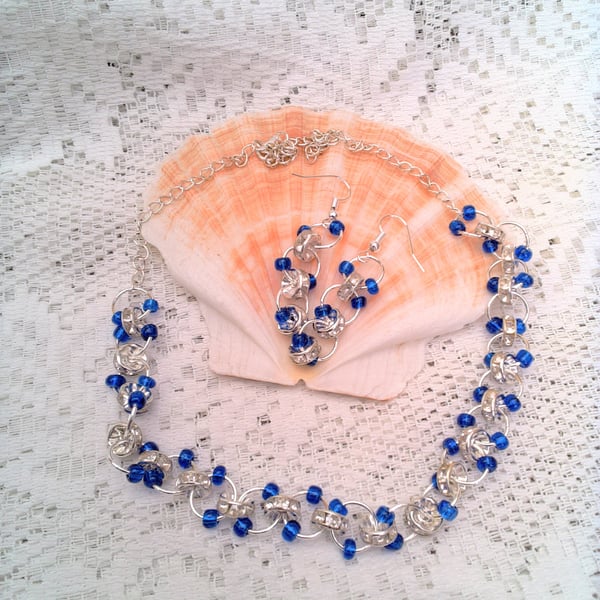 Chain Maille Crystal Rondelles and Blue Glass Bead Necklace and Earrings