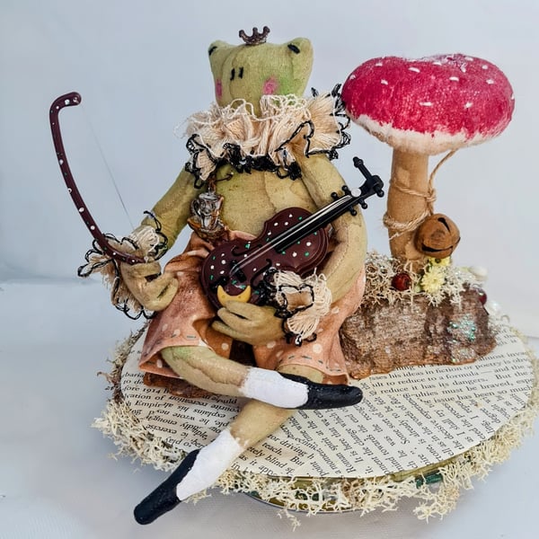 Handmade soft scultpure collectable character textile art minstrel toad.