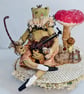 Handmade soft scultpure collectable character textile art minstrel toad.