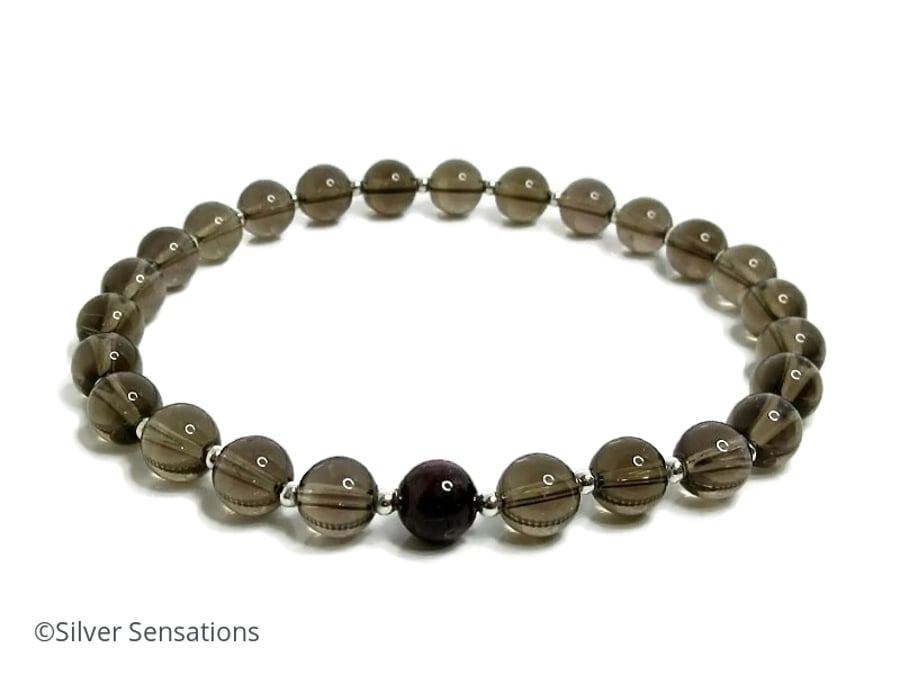 Dark Brown Smokey Quartz Bracelet With Sterling Silver & Garnet