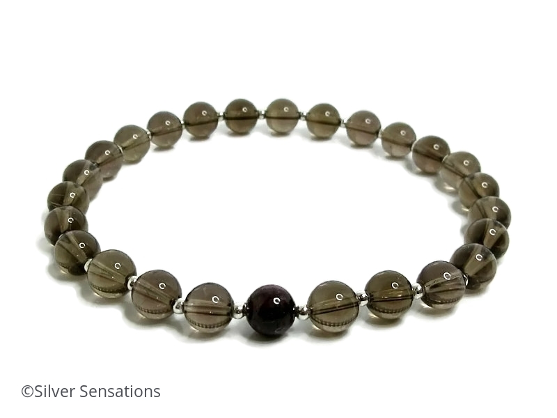 Dark Brown Smokey Quartz Bracelet With Sterling Silver & Garnet