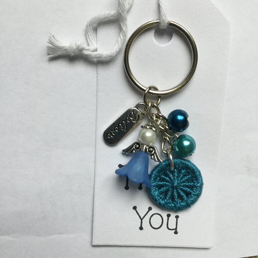 Dorset Button and Beaded Angel Bag Charm Keyring in Blue