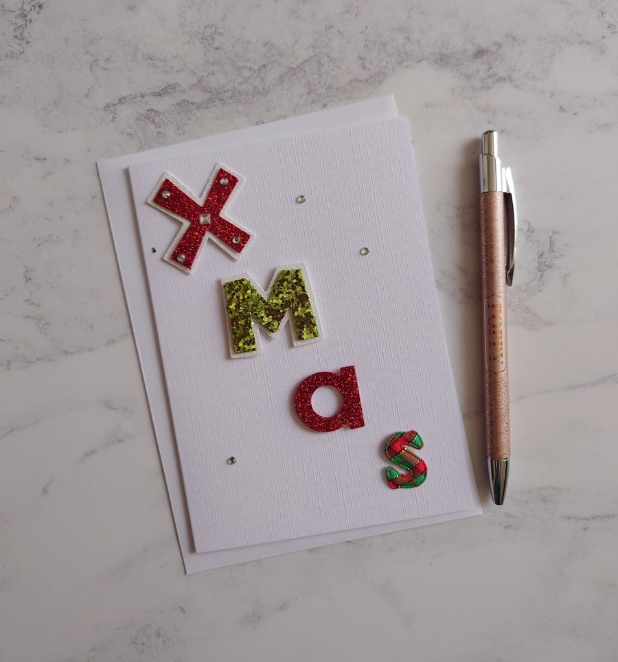 Christmas Card Mixed Media Glitter Xmas Word Linen 3D Luxury Handmade Card