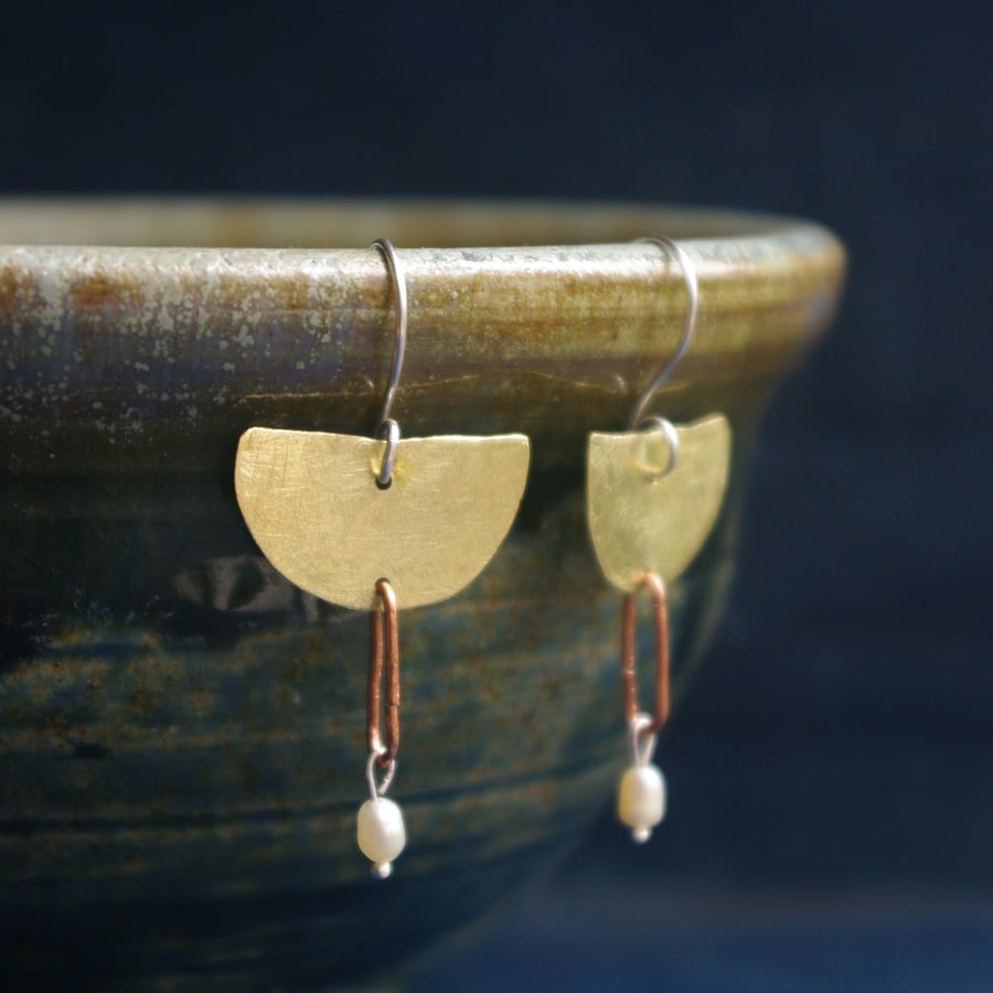 Brass Arc , Copper and Freshwater Pearl Dangle Earrings