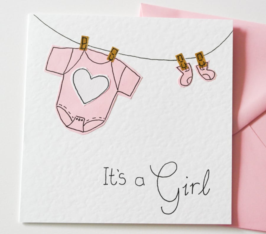 It's A Girl Handmade Greeting Card, Cute New Baby Girl Card For New Parents