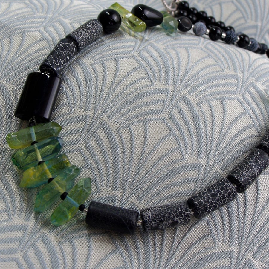 Short Black Green Necklace, Short Handmade Semi-Precious Stone Necklace DD19