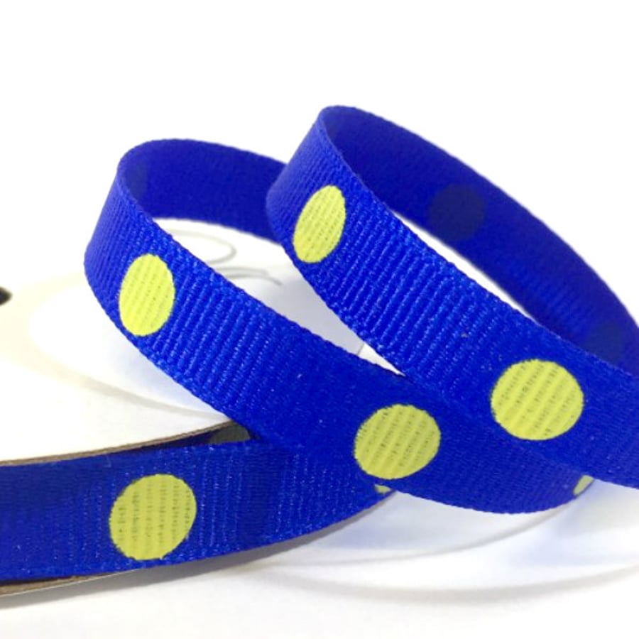 9mm Blue Grosgrain Ribbon with Yellow Dots
