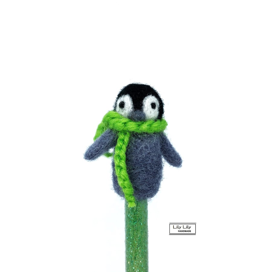 SOLD Penguin pencil topper (green scarf), needle felted by Lily Lily Handmade