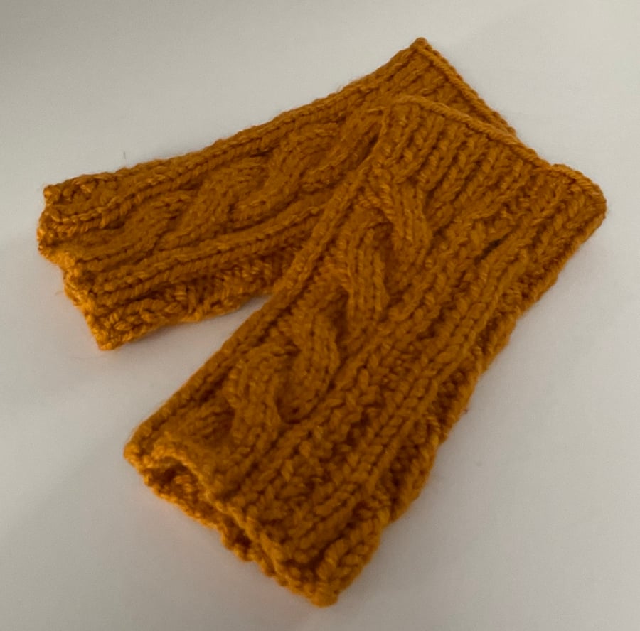 Knitted Fingerless Mittens Cable knit pattern in Mustard gold