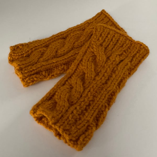 Knitted Fingerless Mittens Cable knit pattern in Mustard gold