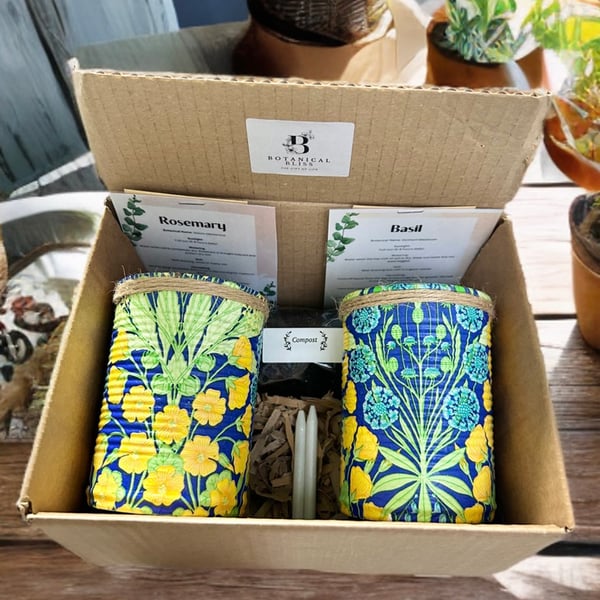 Yellow Blue Botanical Handmade Eco-friendly Indoor Kitchen Herb Gift Set