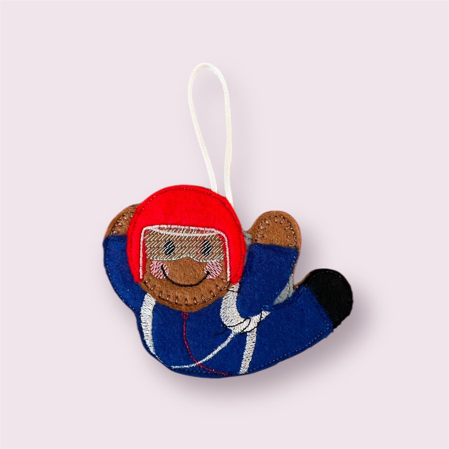 Gingerbread man lady skydiving Embroidered Hanging Keepsake 
