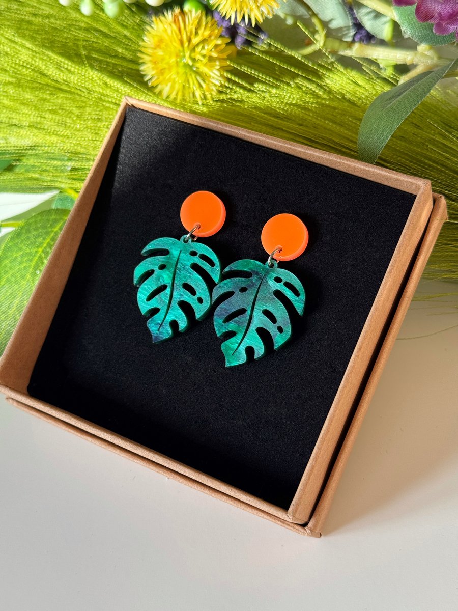 Monstera and Fluorescent Neon Orange Earrings 