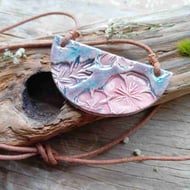 Floral embossed necklace pendant rustic porcelain clay pink purple 
