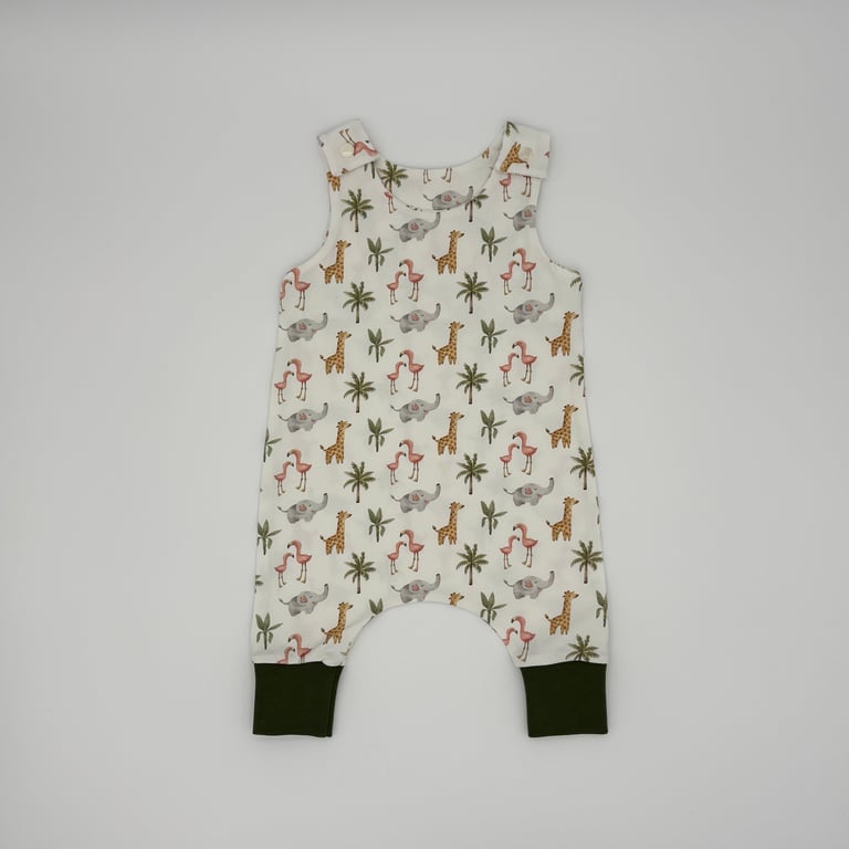 Giraffe Elephant Flamingo handmade dungarees, (0-3 or 3-6 months) Baby romper
