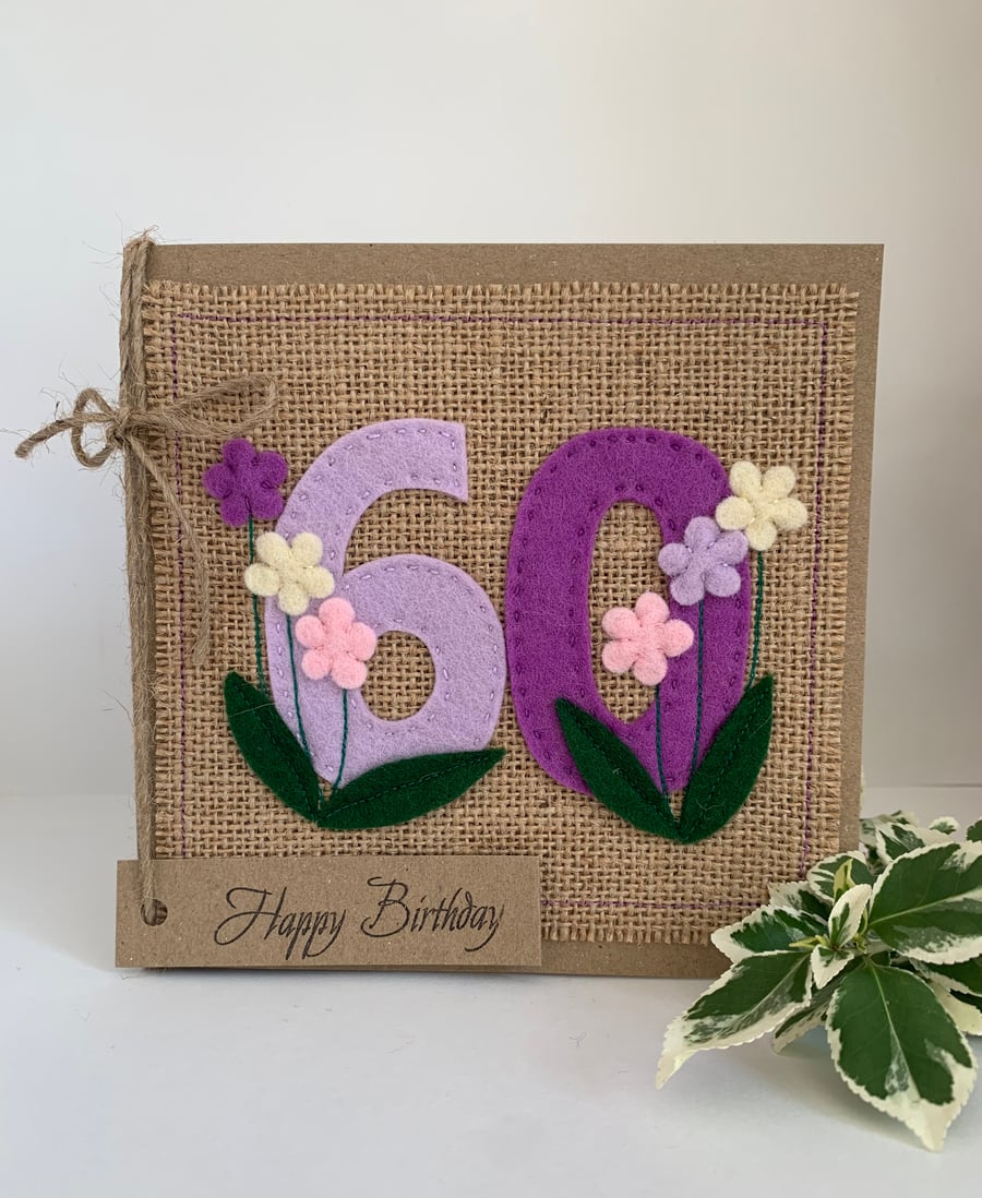 60th Handmade Birthday Card from wool felt. Keepsake Card. Textile card.