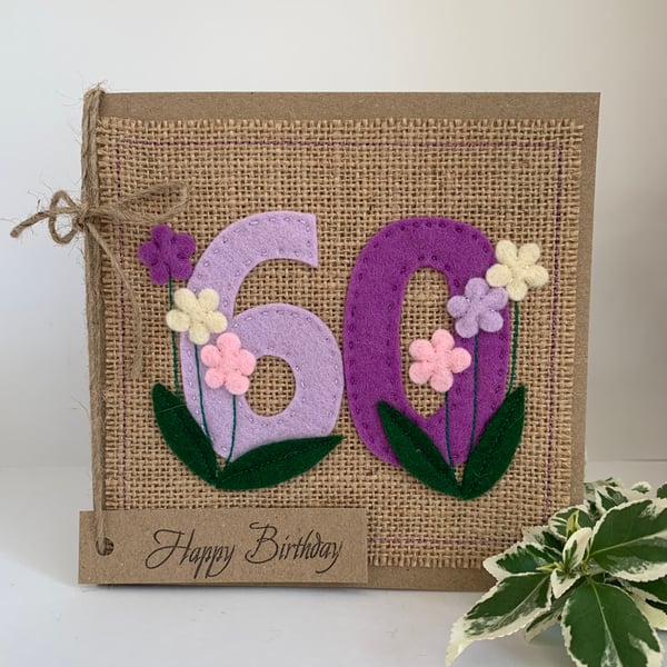 60th Handmade Birthday Card from wool felt. Keepsake Card. Textile card.