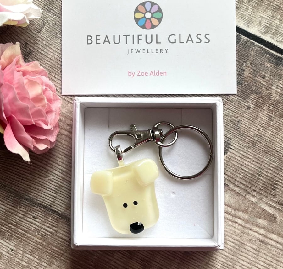 White dog keyring - fused glass puppy