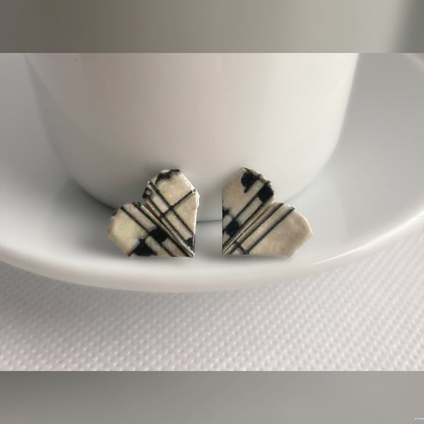 Music Heart Earrings, Origami Heart Earrings, Paper Heart Earrings, Stud Earring