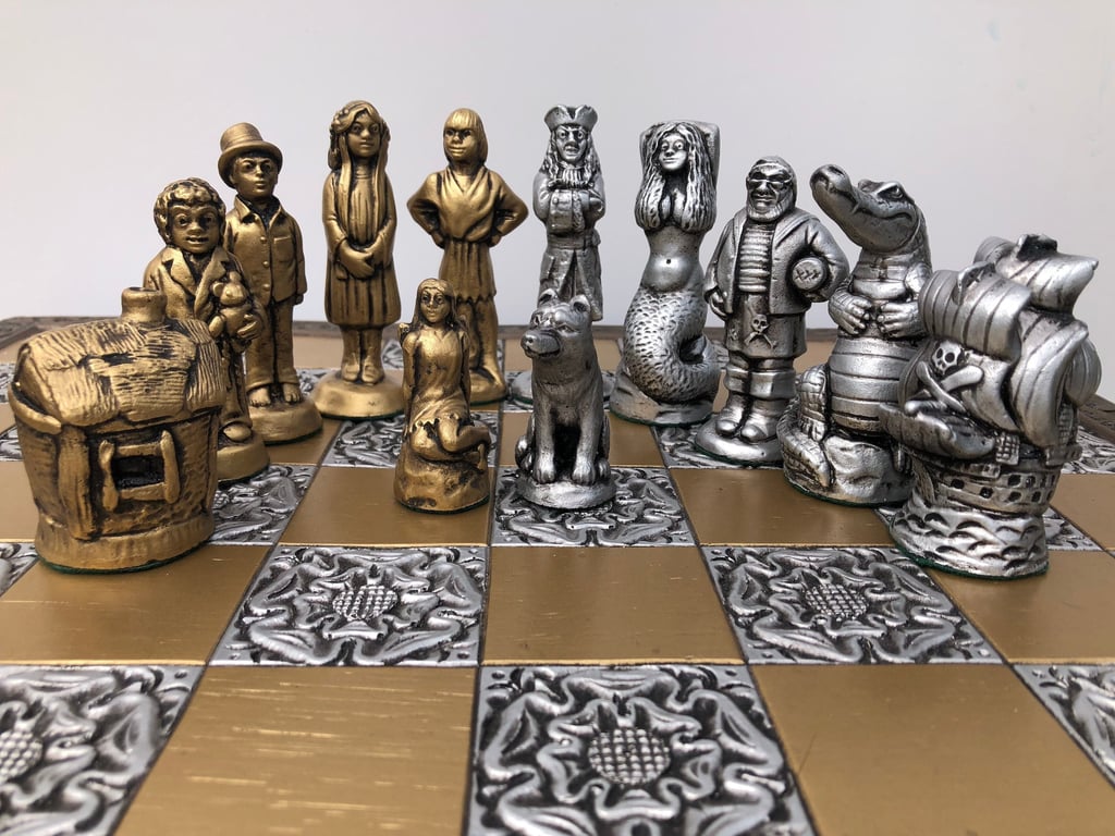 Peter Pan Chess Pieces - Aged Gold and Silver Metallic Effect