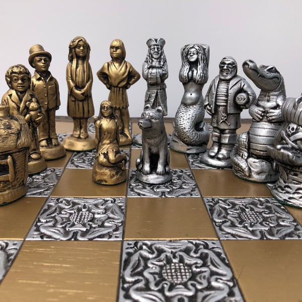 Peter Pan Chess Pieces - Aged Gold and Silver Metallic Effect