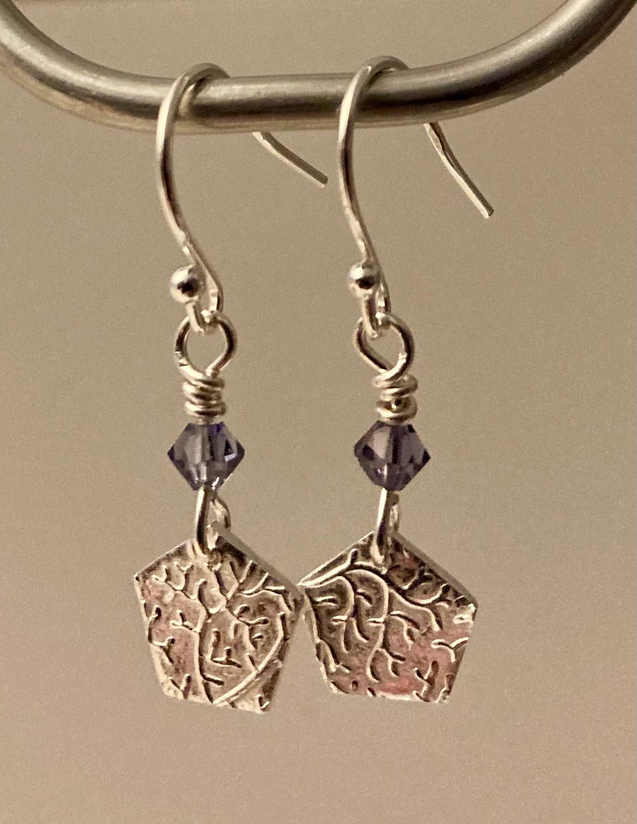 Pure silver pentagonal earrings with Swarovski crystal beads. 