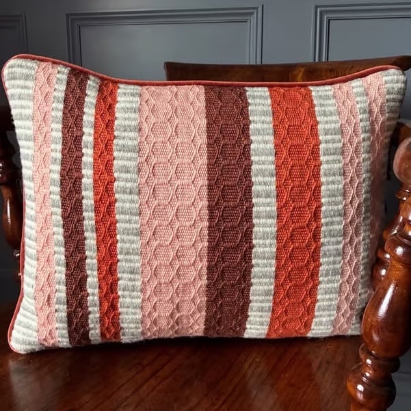 Patsy Cushion: Rust, Crocosmia & Tea Rose. Handwoven in Wales
