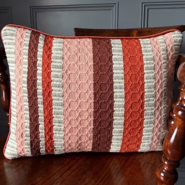 Patsy Cushion: Rust, Crocosmia & Tea Rose. Handwoven in Wales