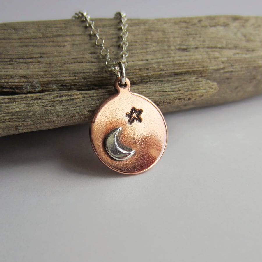 Crescent Moon and Star Necklace - Copper and Sterling Silver - Hand Stamped