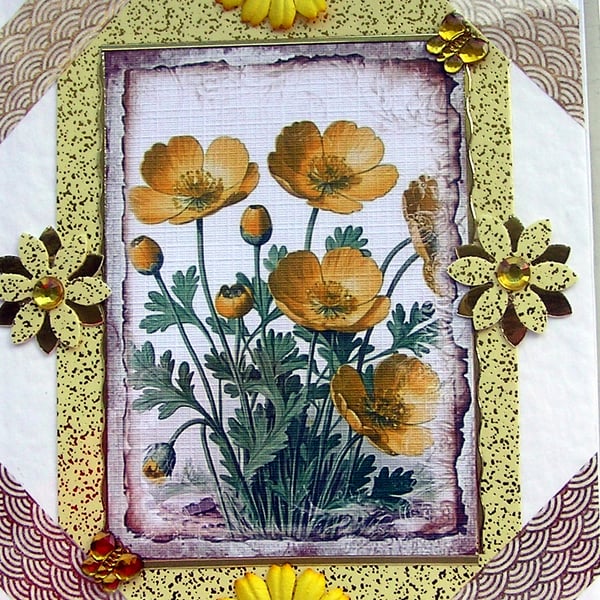 Buttercup Flowers - Hand Crafted Decoupage Greeting Card - Blank 2930