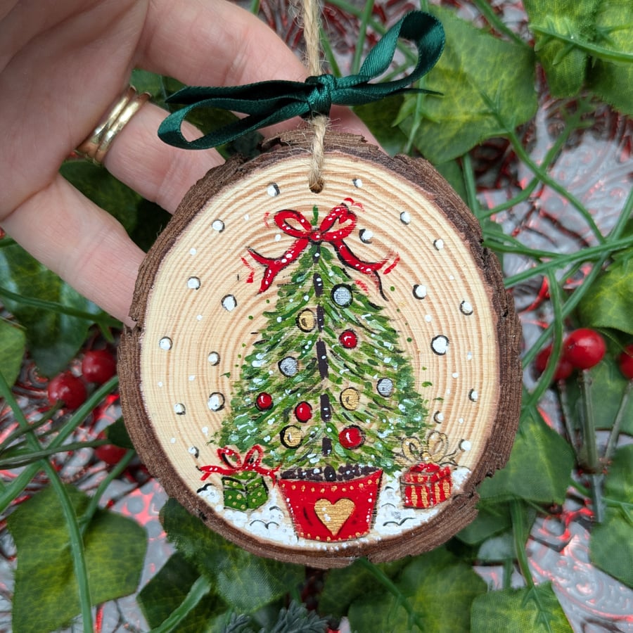 Christmas tree hand-painted log slice decoration 