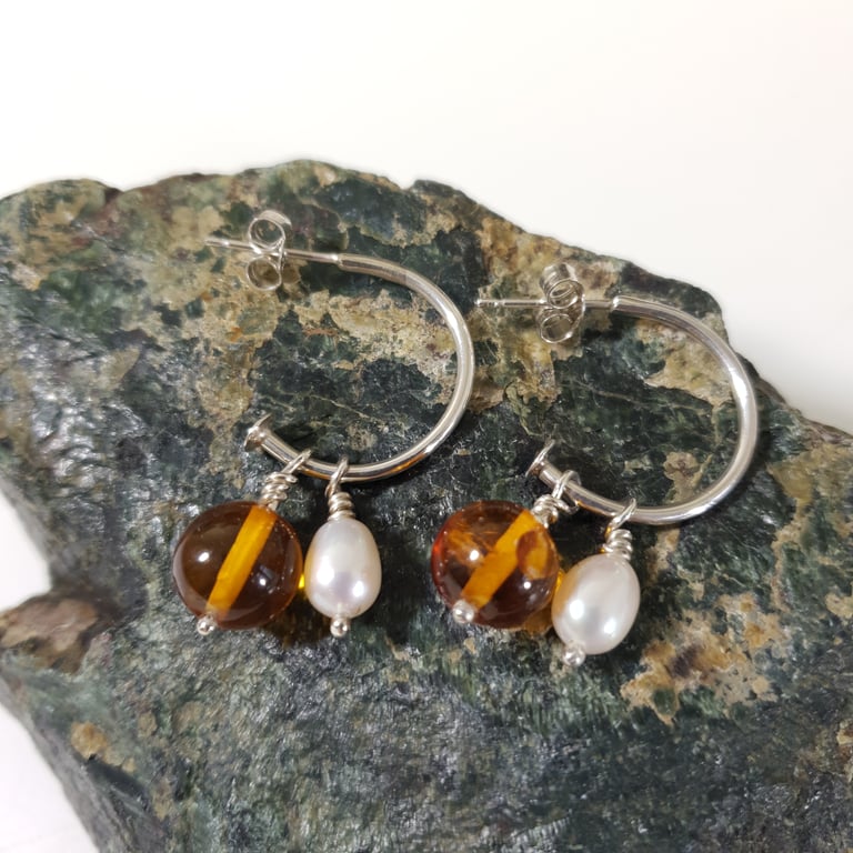 Sterling Silver Hoop Earrings With Removable  Amber and Pearl Charms Free UK PP