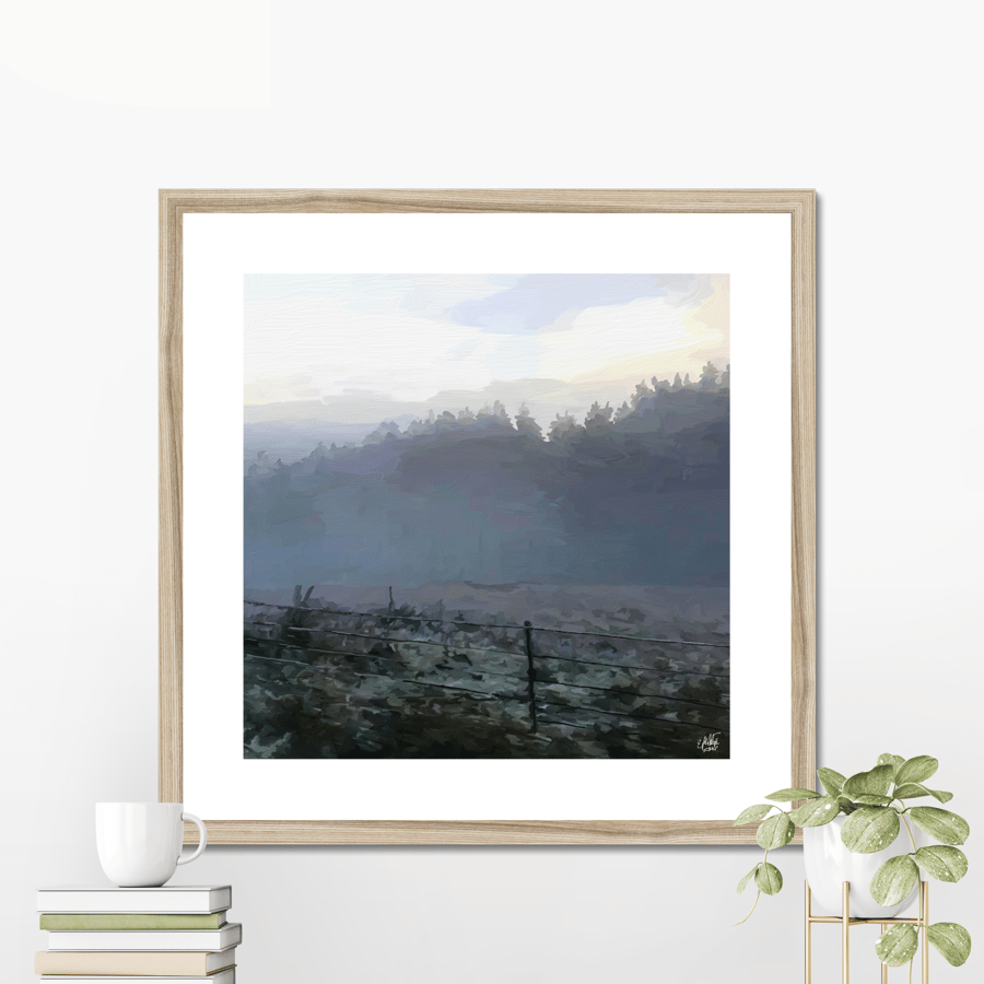 Scenic landscape art print “Misty Mornes” Box framed and mounted.