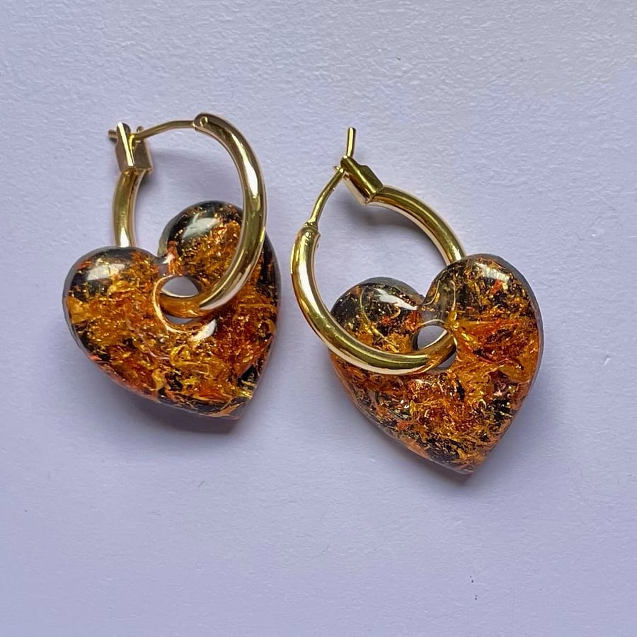 Chunky heart hoops – gold, copper and black statement earrings